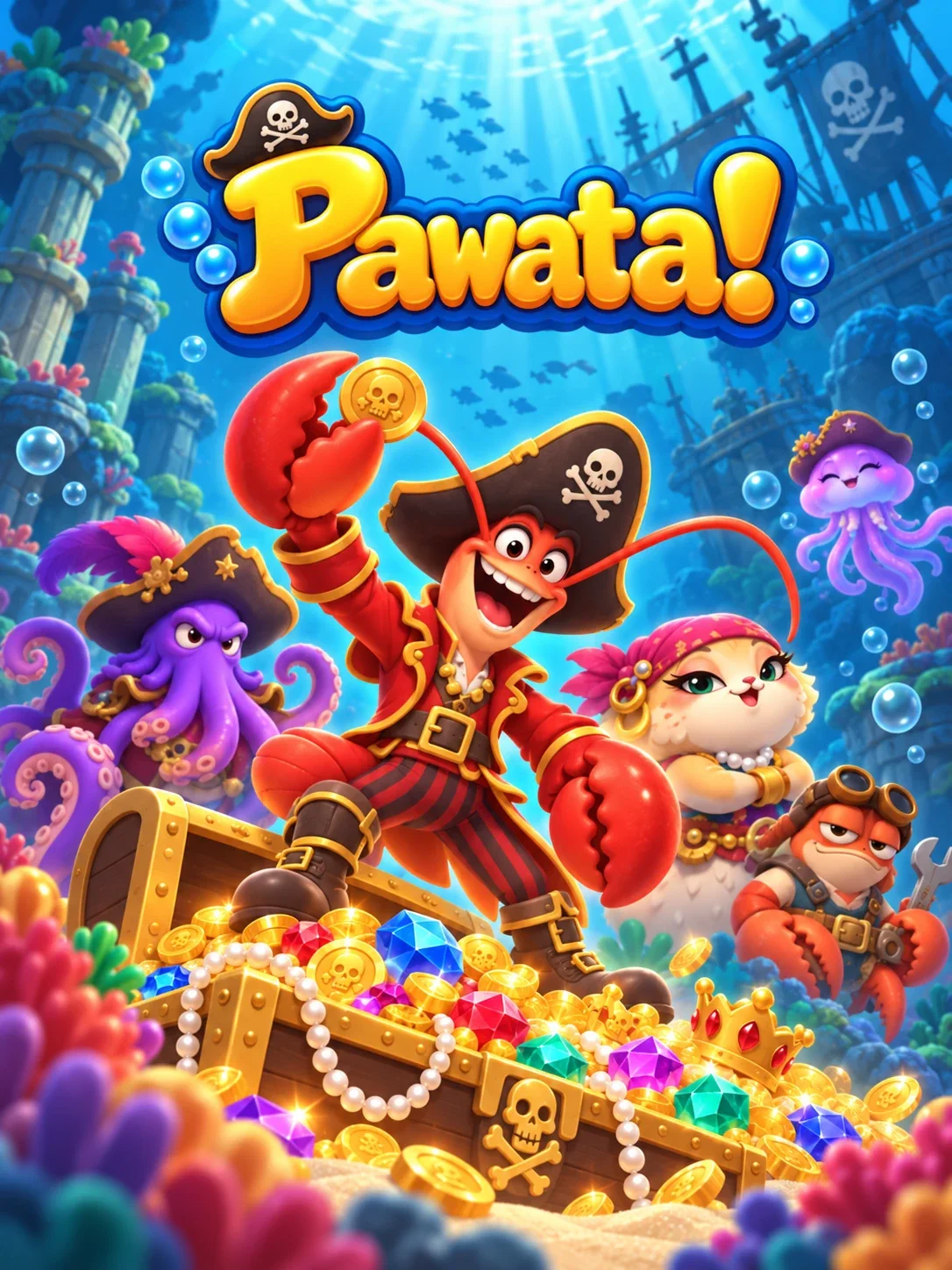 Pawata!: Captain Snap, the lobster pirate, raising a gold coin on a treasure chest with his crew, underwater